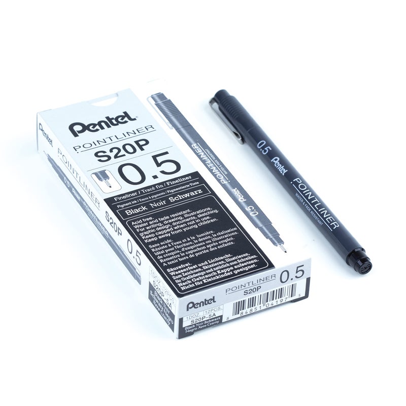 بنتل قلم تحديد نقطة من Pentel Arts، (0.5 مم)، حبر أسود، صندوق من 12 قطعة (S20P-5A) - Image 1